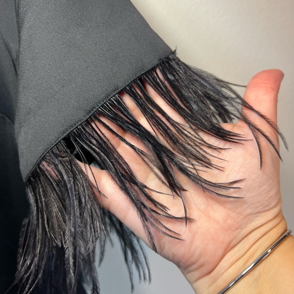 Vince Camuto Womens Faux Feather Trim Short Sleeve Blouse Shirt Black NEW Sz XXS - Picture 5 of 12